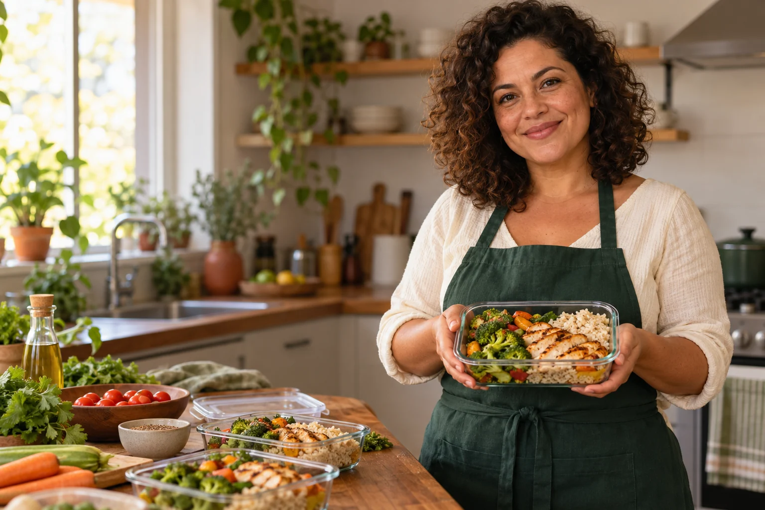 Mulher preparando uma marmita caseira em sua cozinha