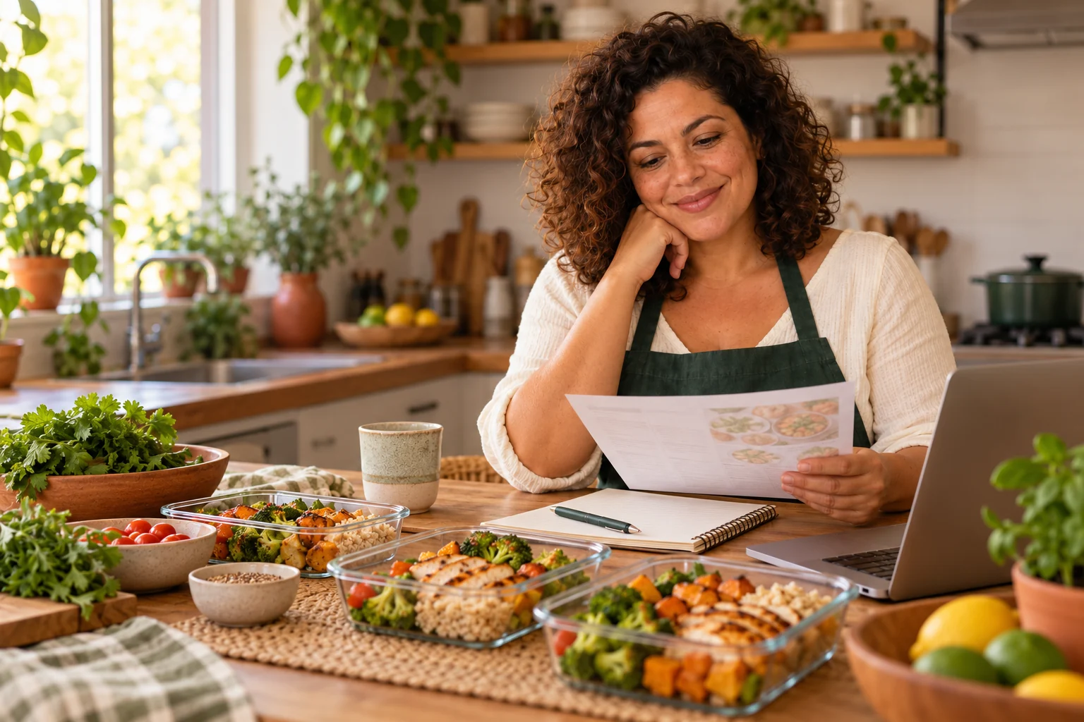 Mulher organizando receitas e marmitas na cozinha