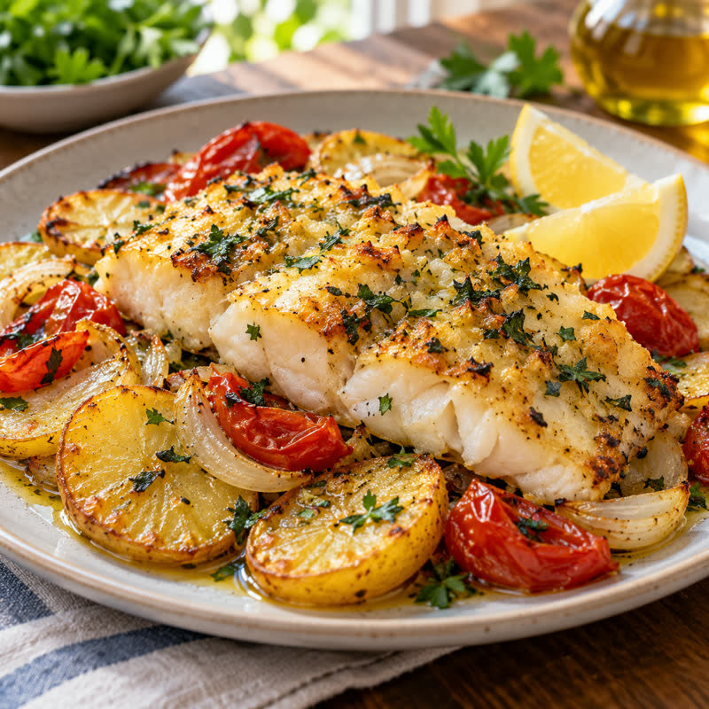 Peixe ao forno com batata e tomate