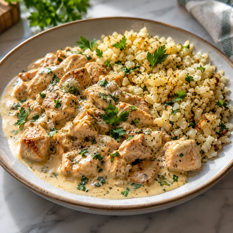 Frango cremoso com arroz de couve-flor