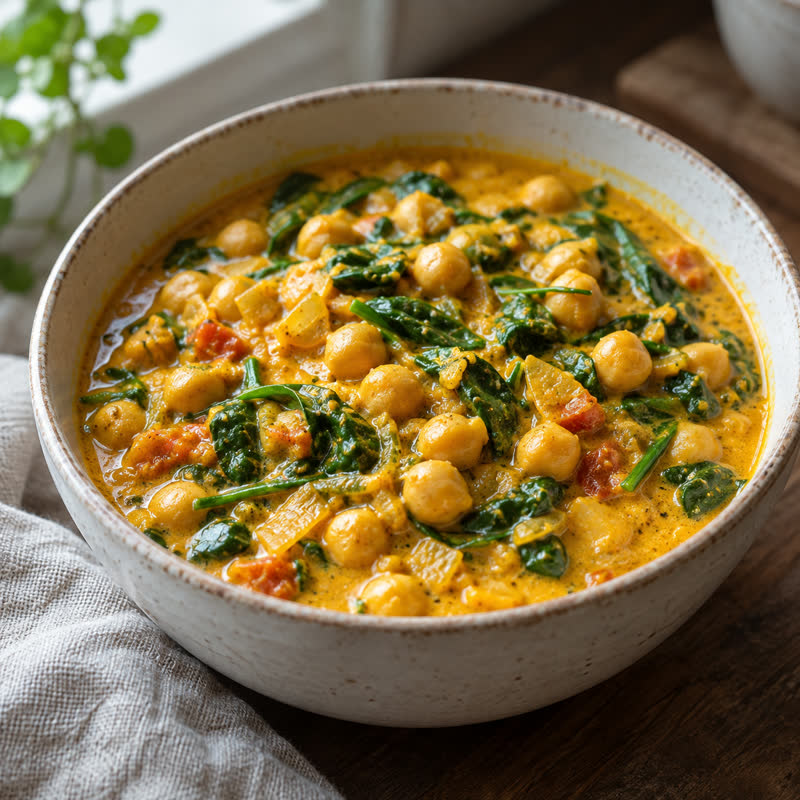 Grão-de-bico ao curry com espinafre